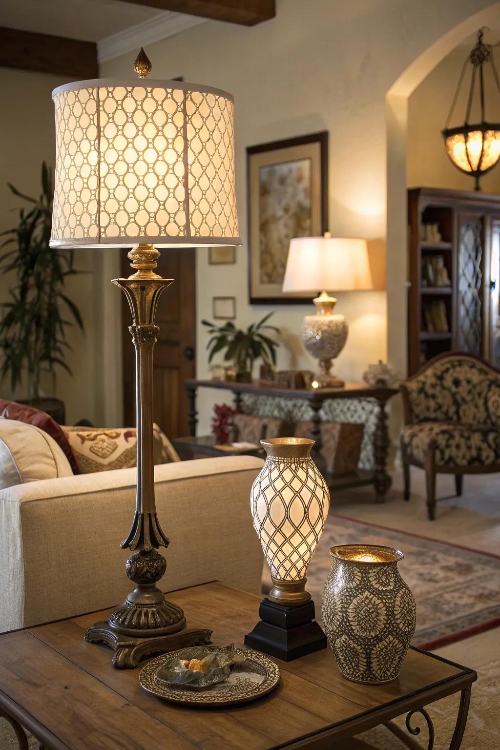 A well-illuminated living room boasting various lighting choices.