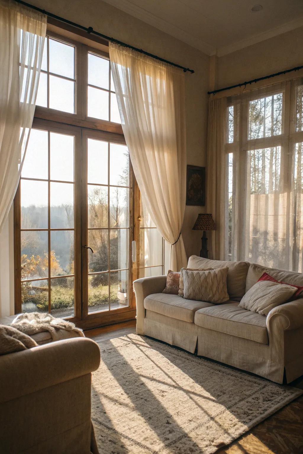 A sun-drenched living room featuring light curtains that enhance the natural light.