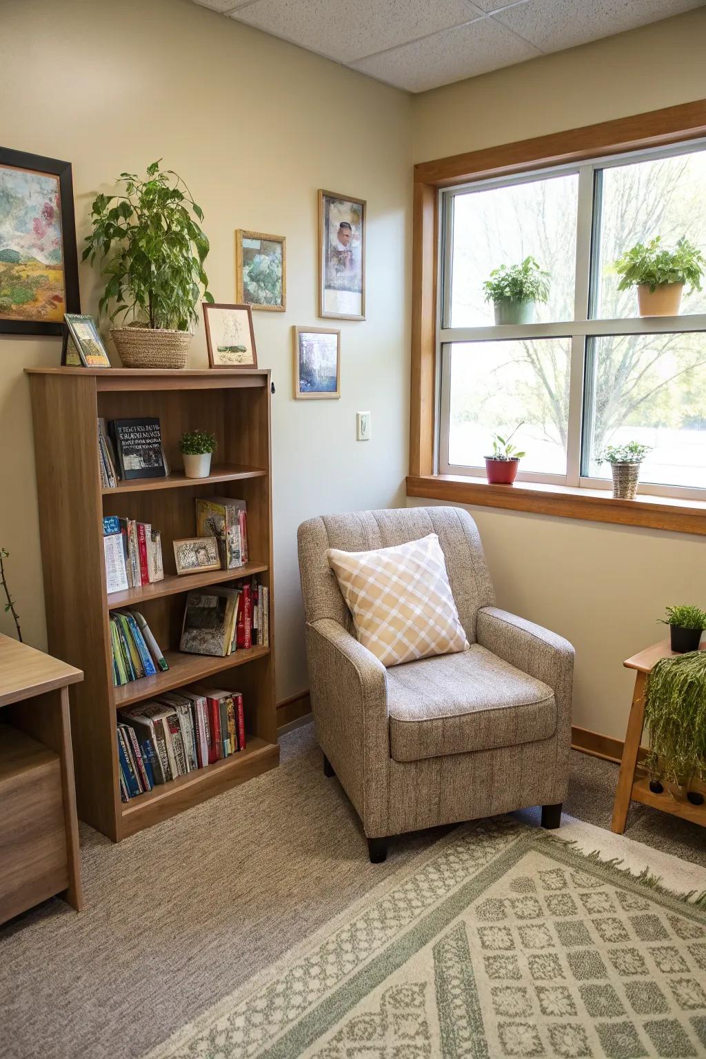 A reading corner offers a peaceful retreat from busy workdays.