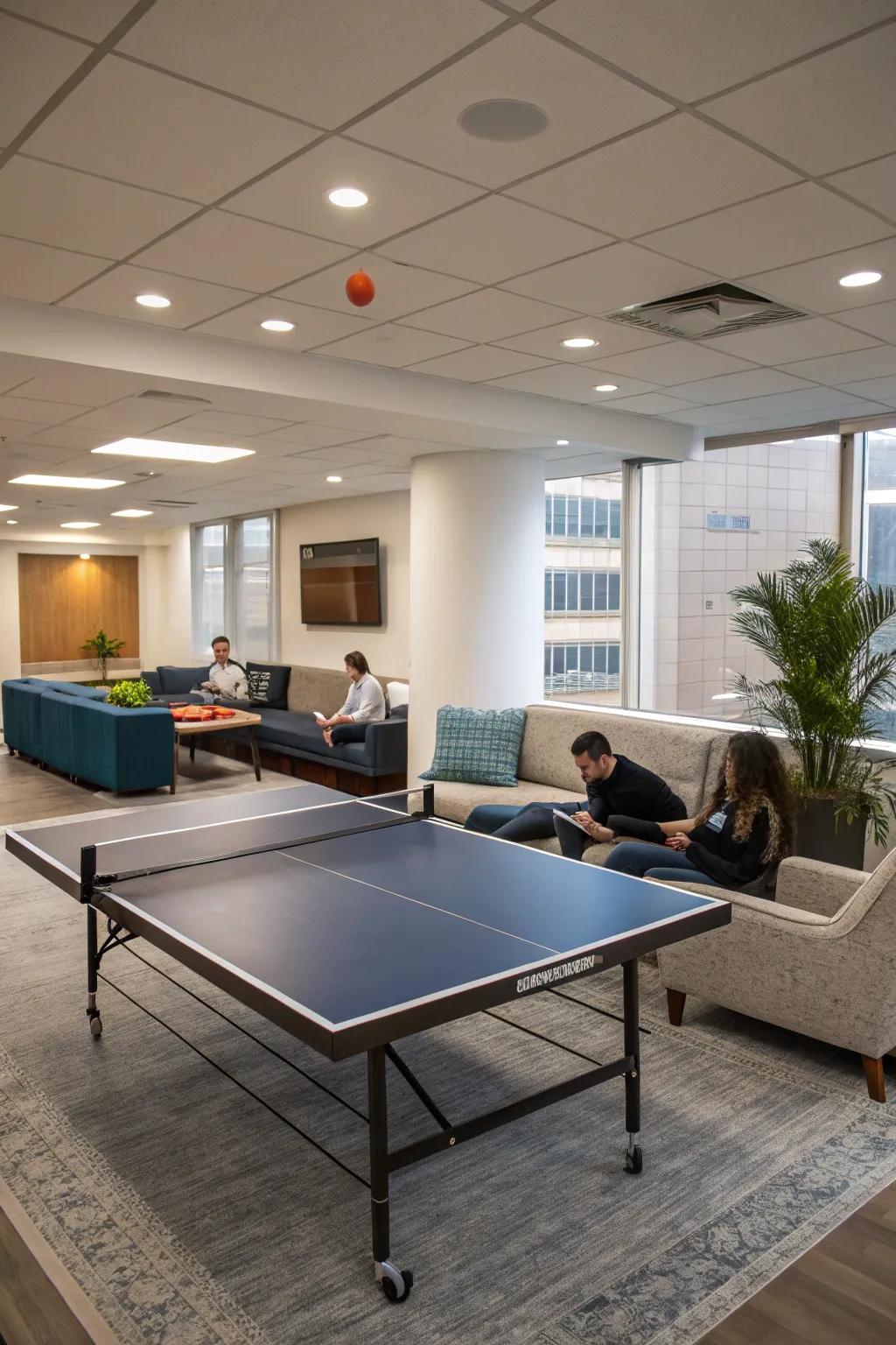 A recreational area adds entertainment and relaxation to the workday.