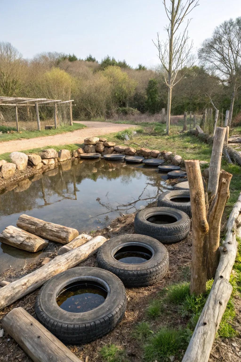 A tire pond with rustic log accents for a woodsy feel.