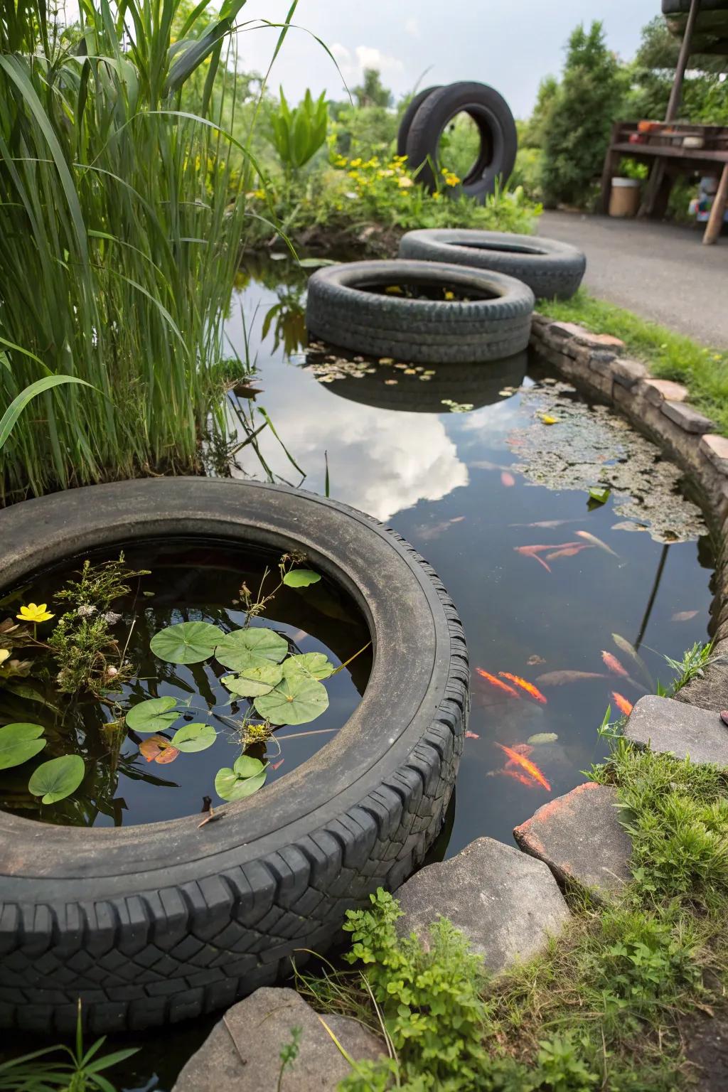 A tire pond transformed into a lively miniature water garden.