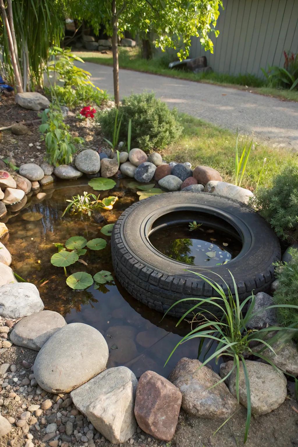An in-ground tire pond that integrates naturally with the garden.