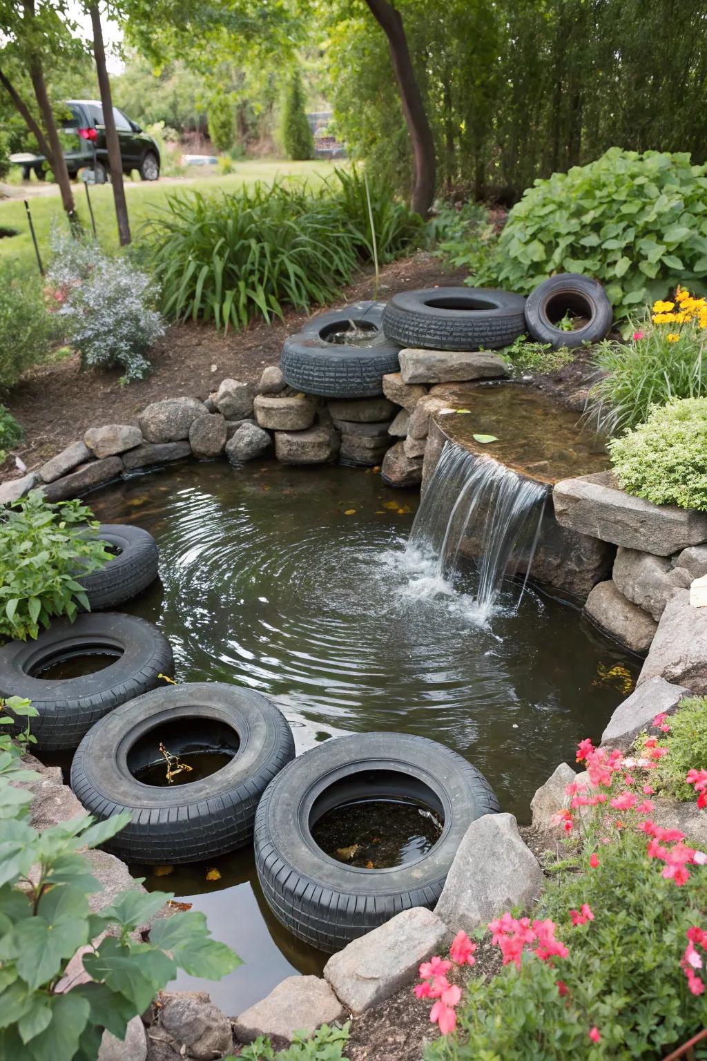A tire pond with a soothing waterfall feature.
