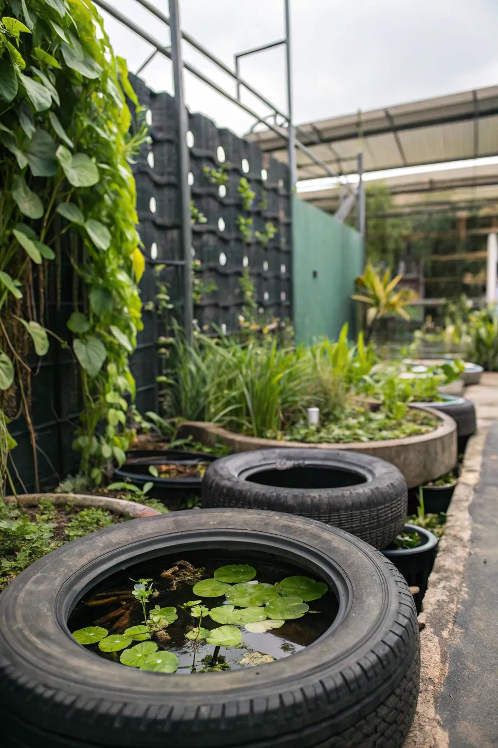 A vertical garden adds depth and greenery to a tire pond.