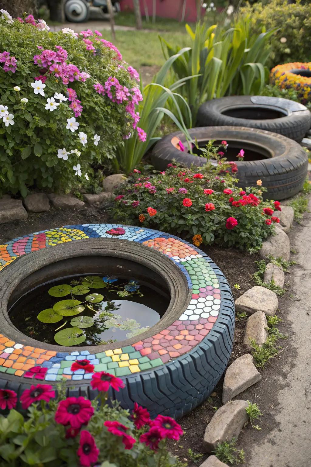 A tire pond adorned with vibrant mosaic tiles.