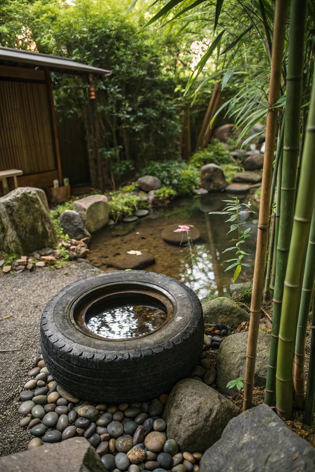 A Japanese Zen-inspired tire pond for a peaceful retreat.