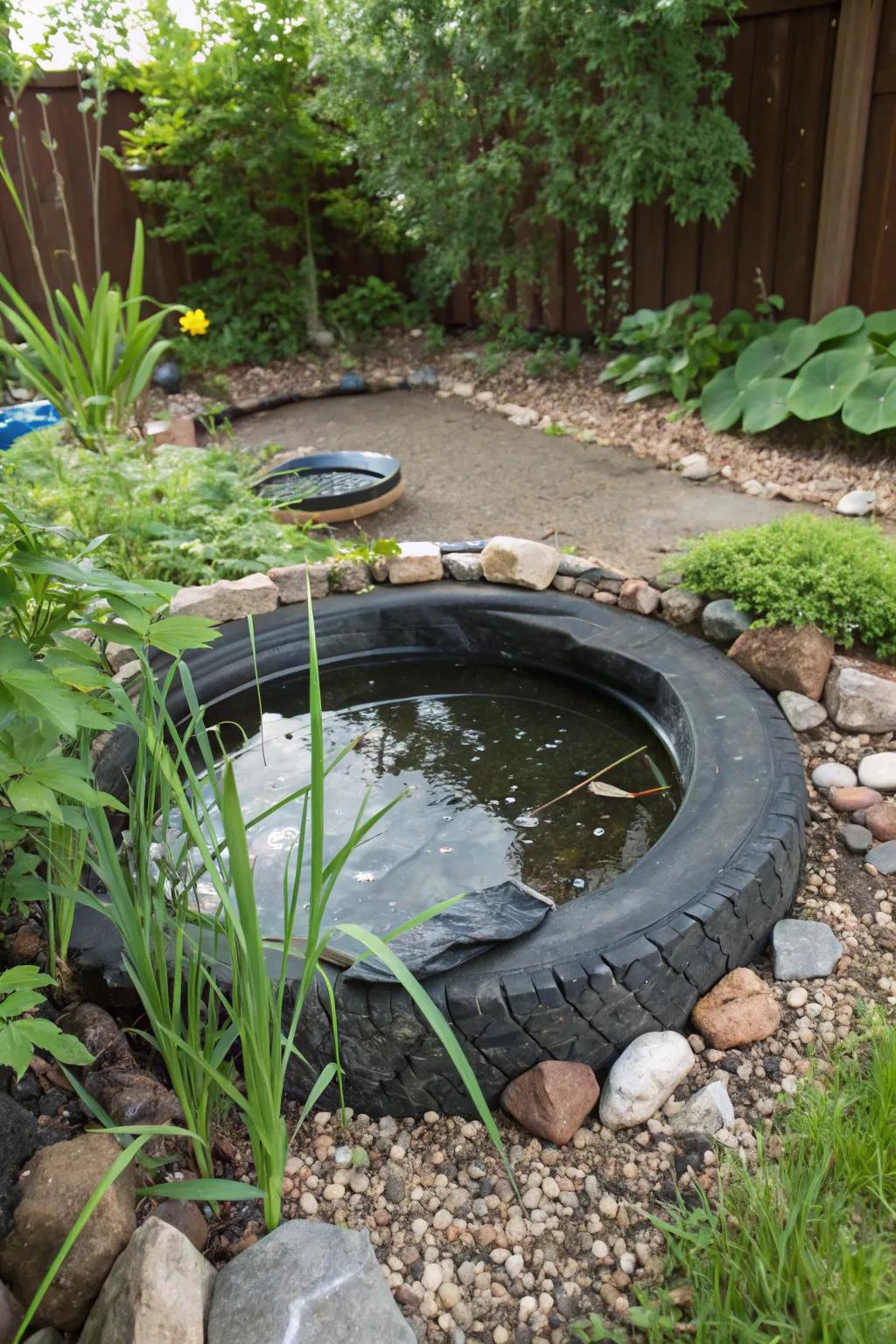 A simple yet elegant tire pond featuring a plastic liner.