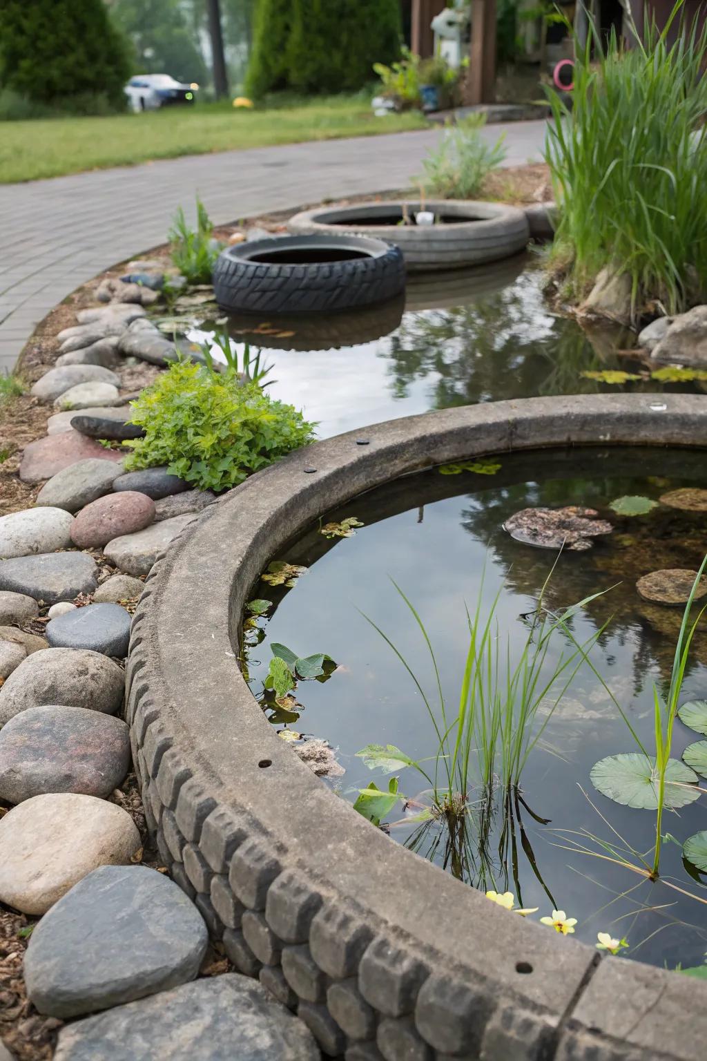 A concrete-lined tire pond for lasting durability.