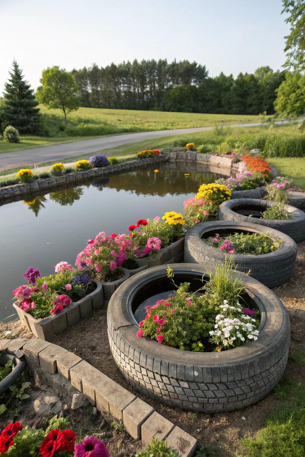 A tiered planter pond that combines water and greenery beautifully.