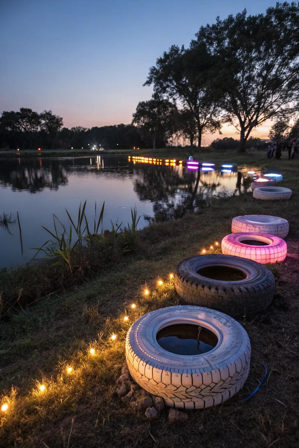 A tire pond that glows beautifully with LED lighting at night.