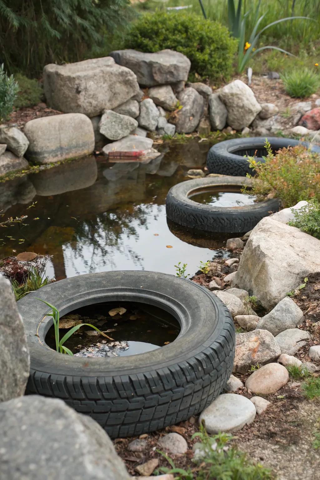 A tire pond with a natural rock surround for a genuine pond feel.