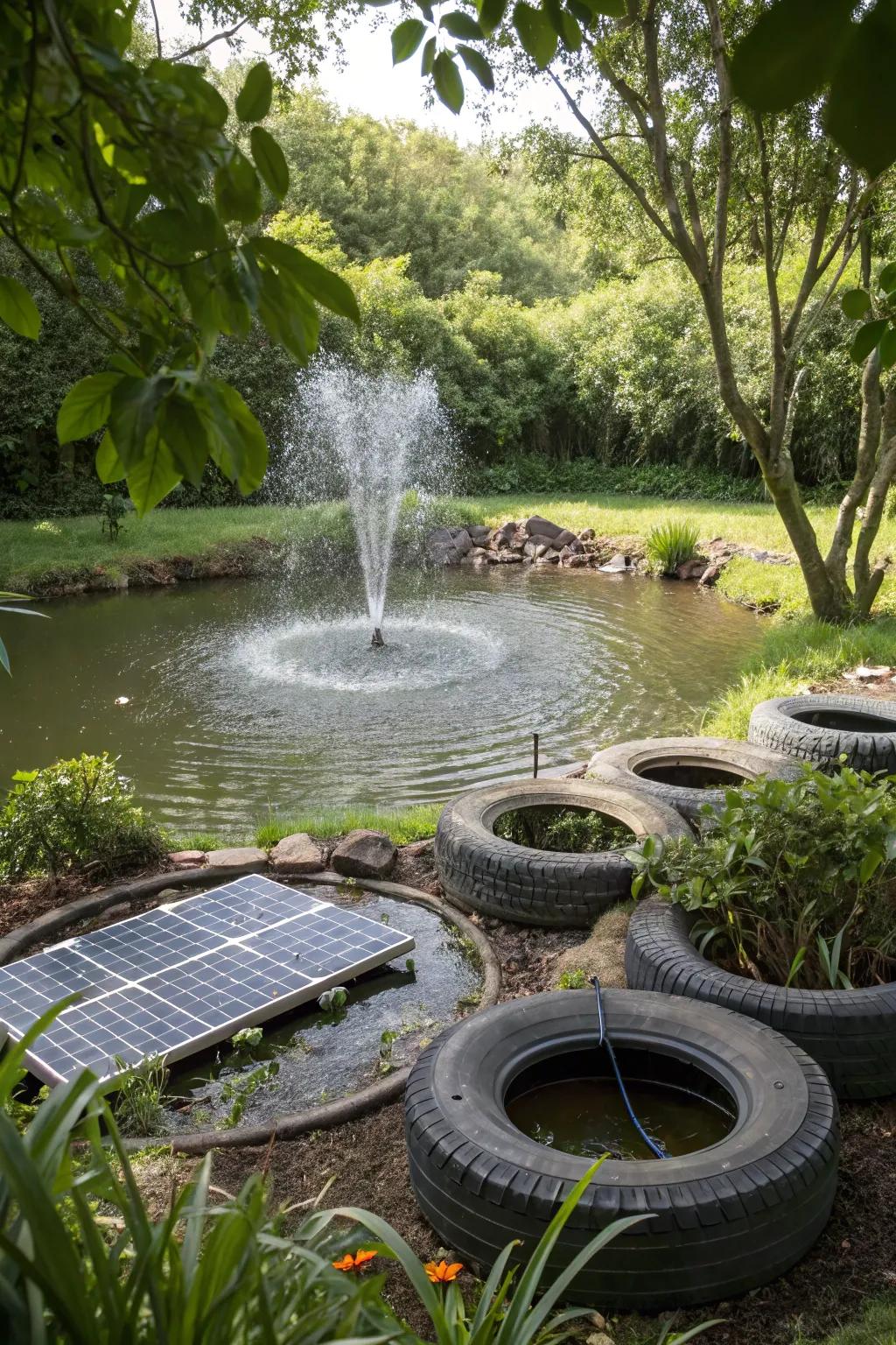 A tire pond enhanced with a solar-powered fountain.