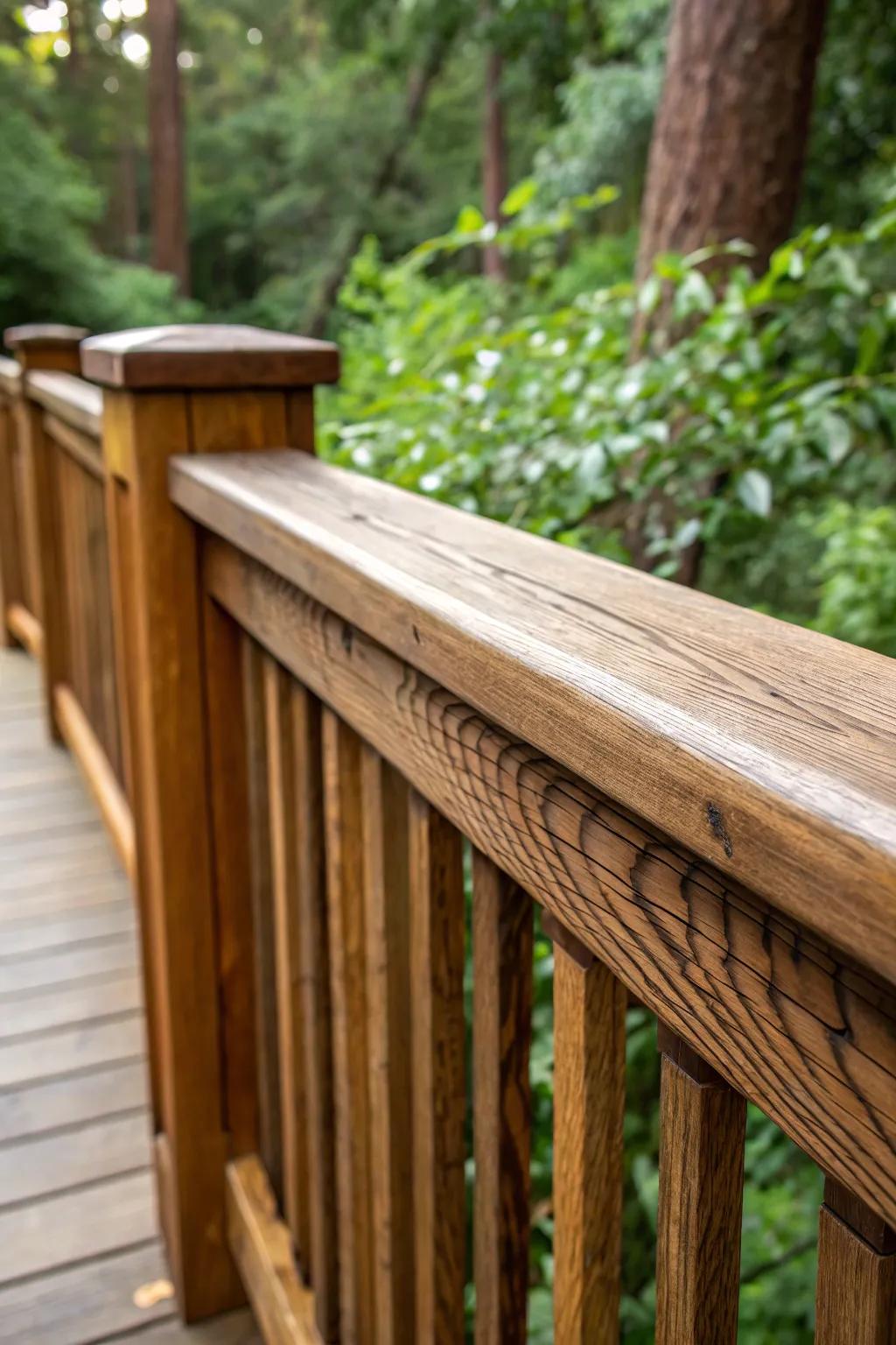A close-up highlighting the rich wood grain of a Craftsman-style railing.