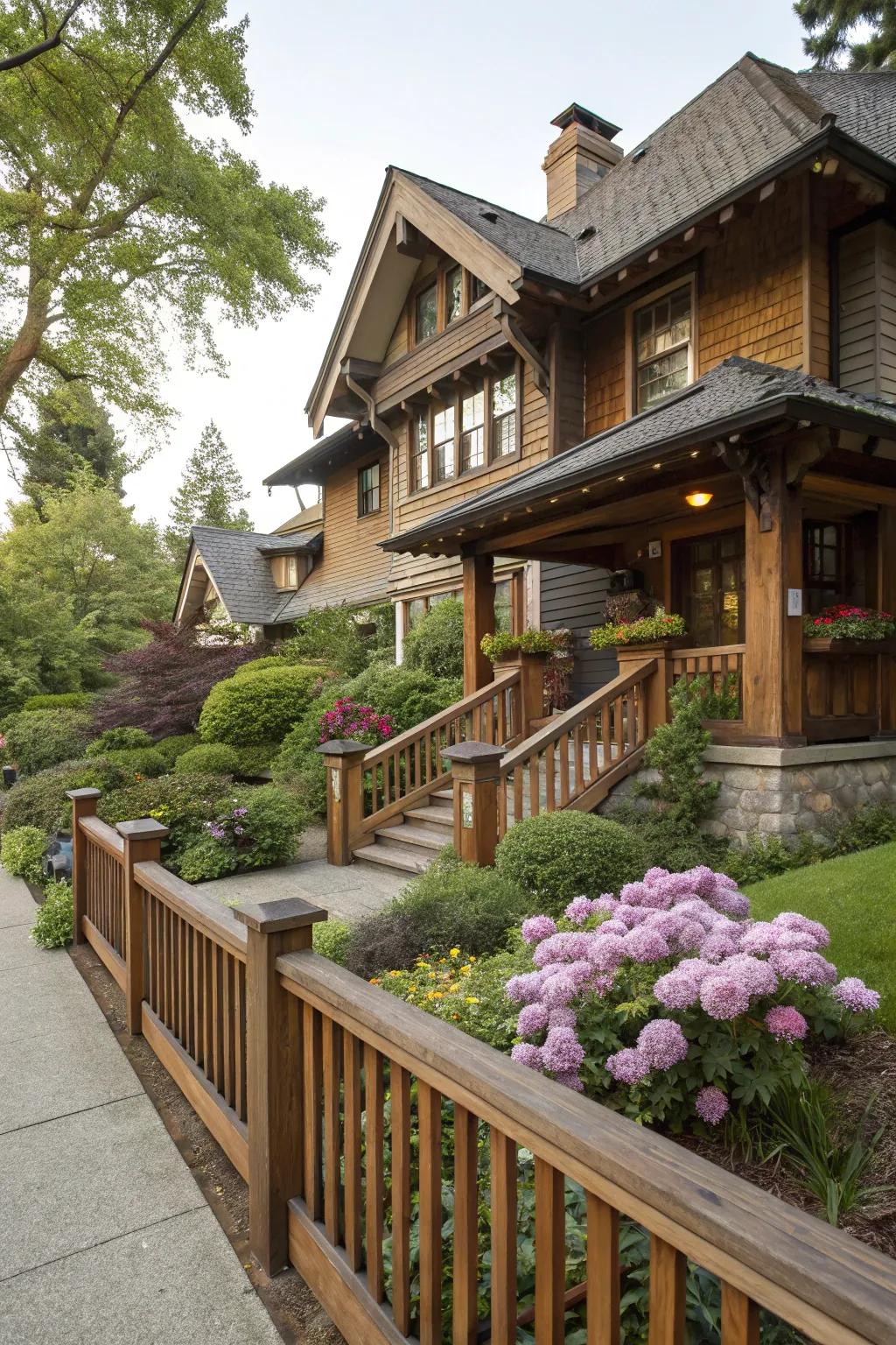 Traditional charm with a classic Craftsman wood railing.