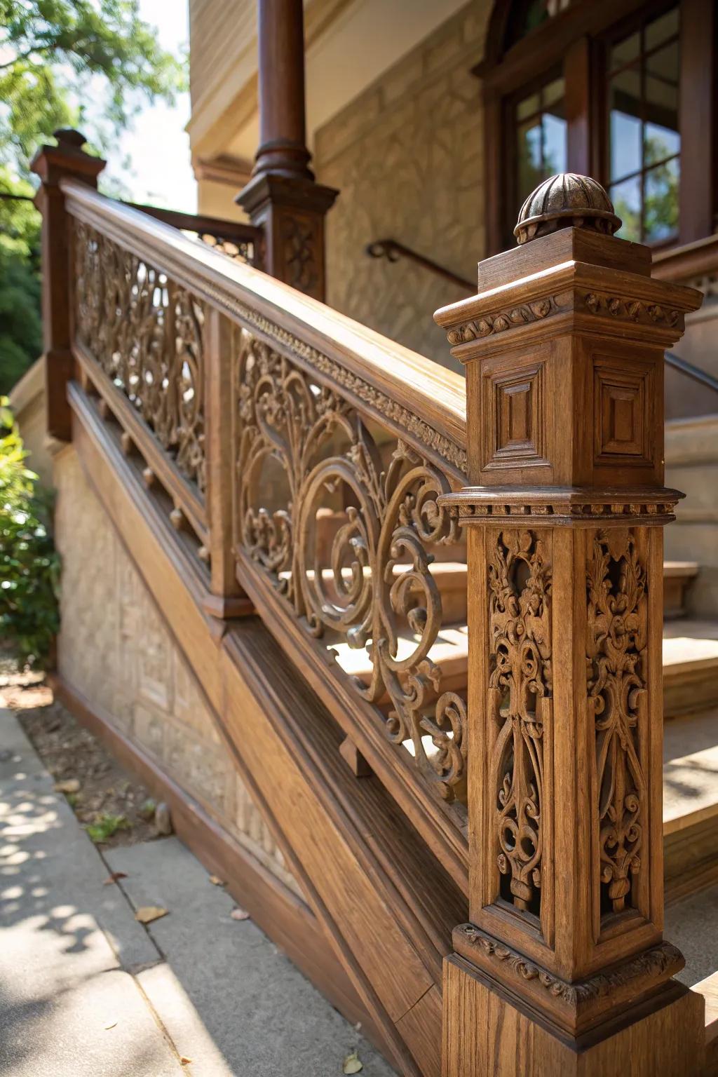 Complex artisan craftsmanship in a detailed Craftsman railing.