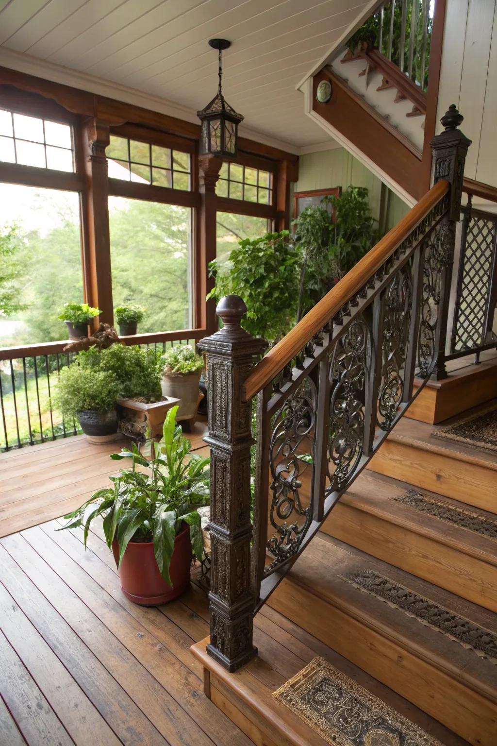 Seamless flow from indoor to outdoor spaces with Craftsman railings.