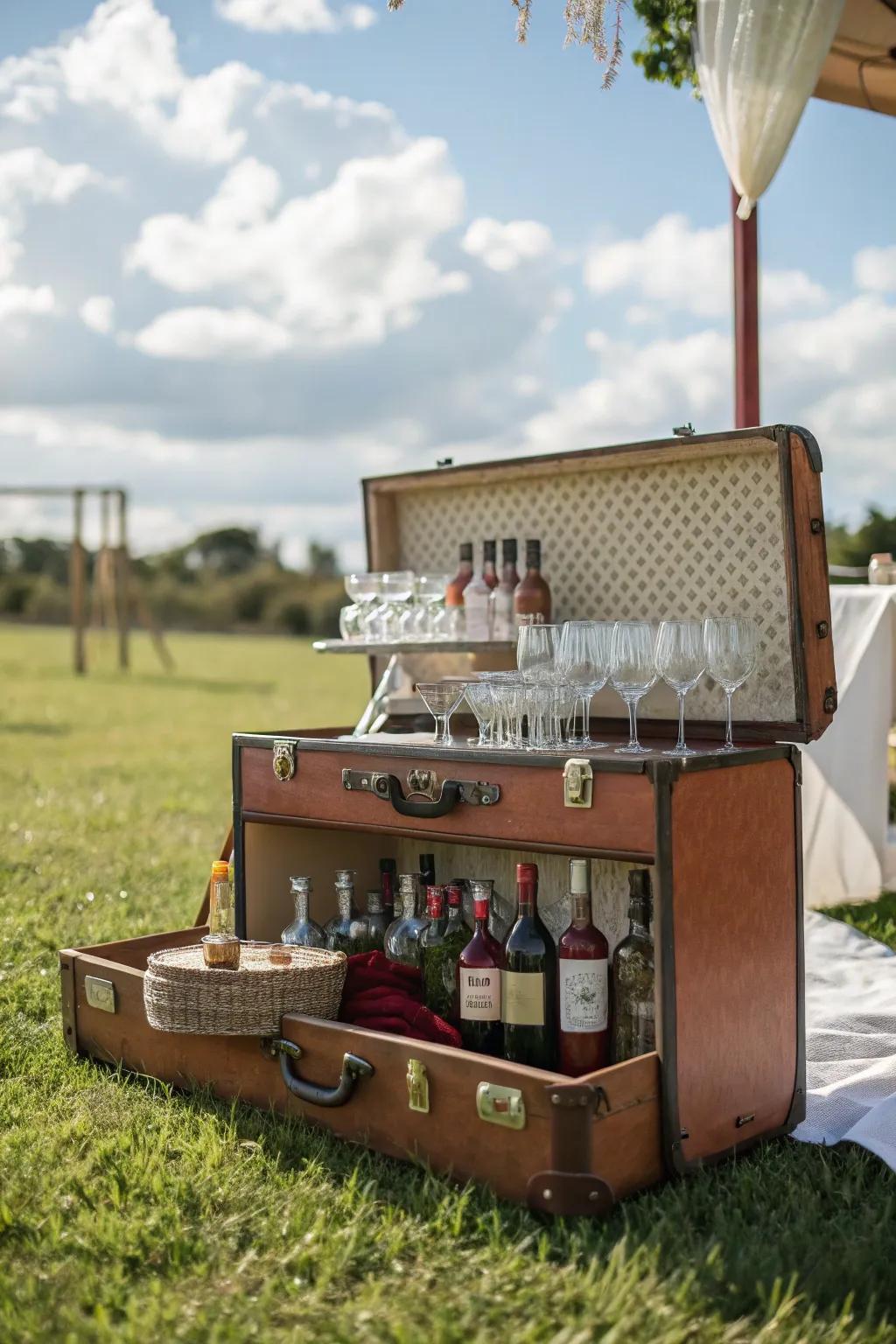 A retro valise bar cart adds a retro appeal to your open-air social events.