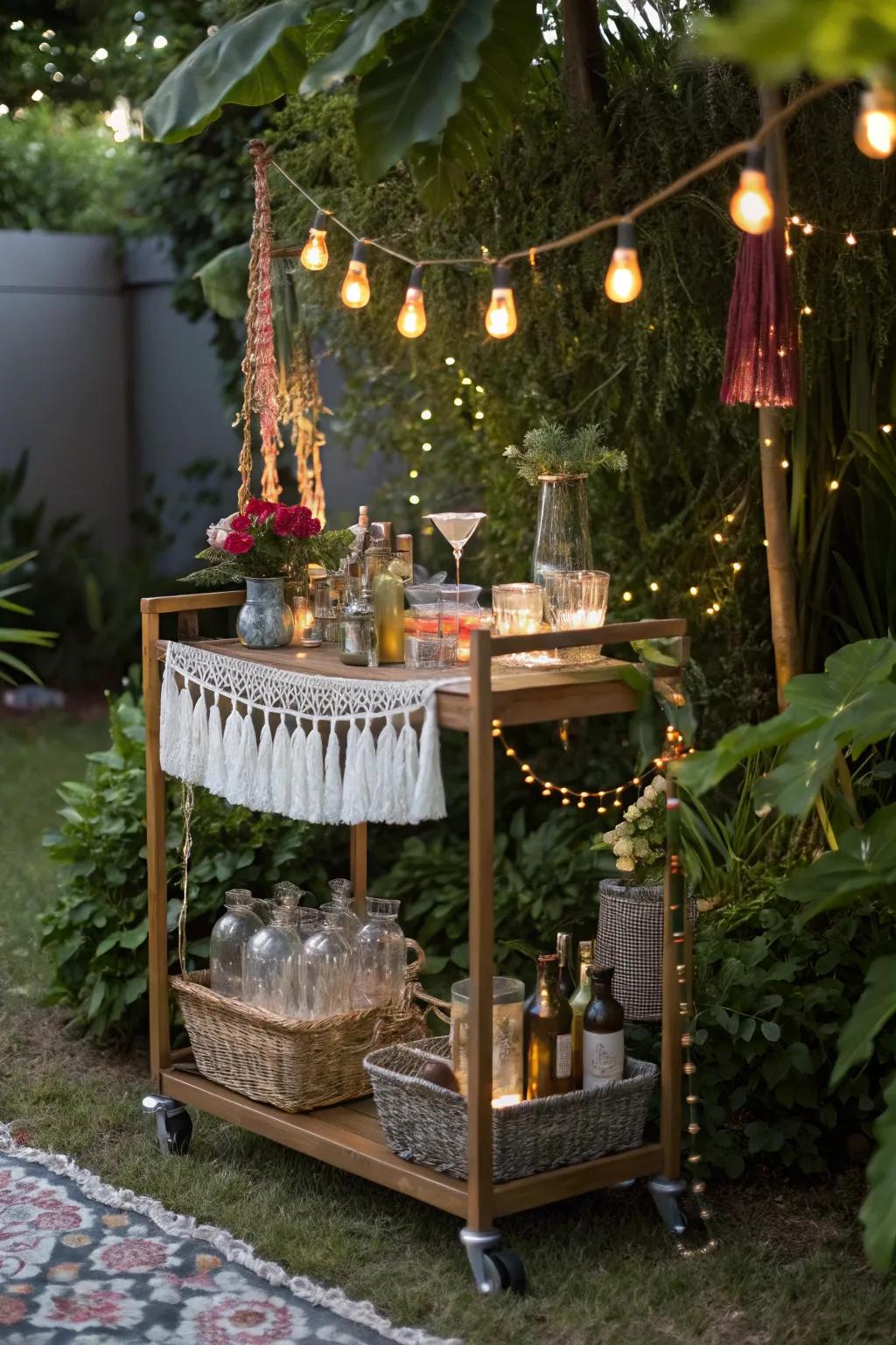 A boho bar cart introduces eclectic appeal to your outdoor space.