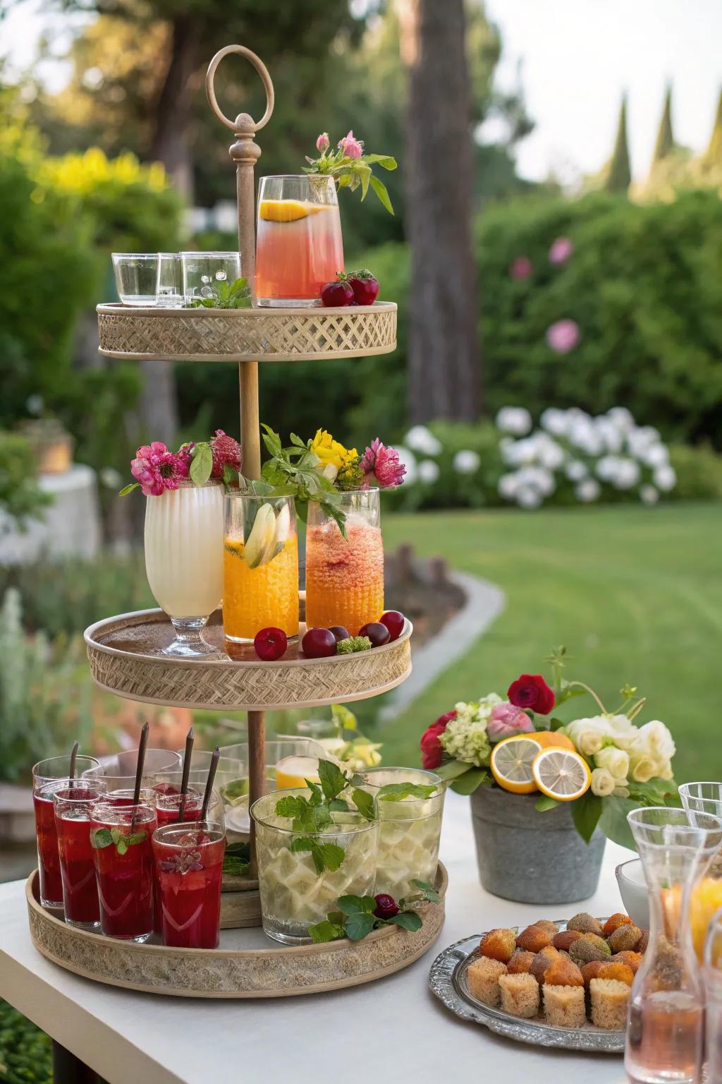 A tiered display stand stylishly arranges beverages and trimmings.