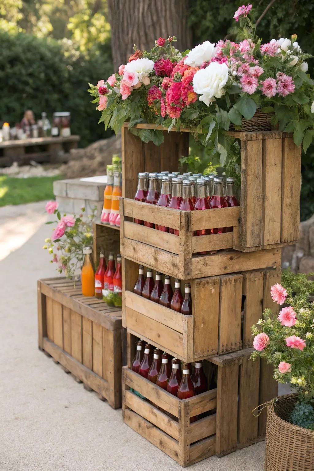 Country-Style timber containers provide a flexible and charming drink station.