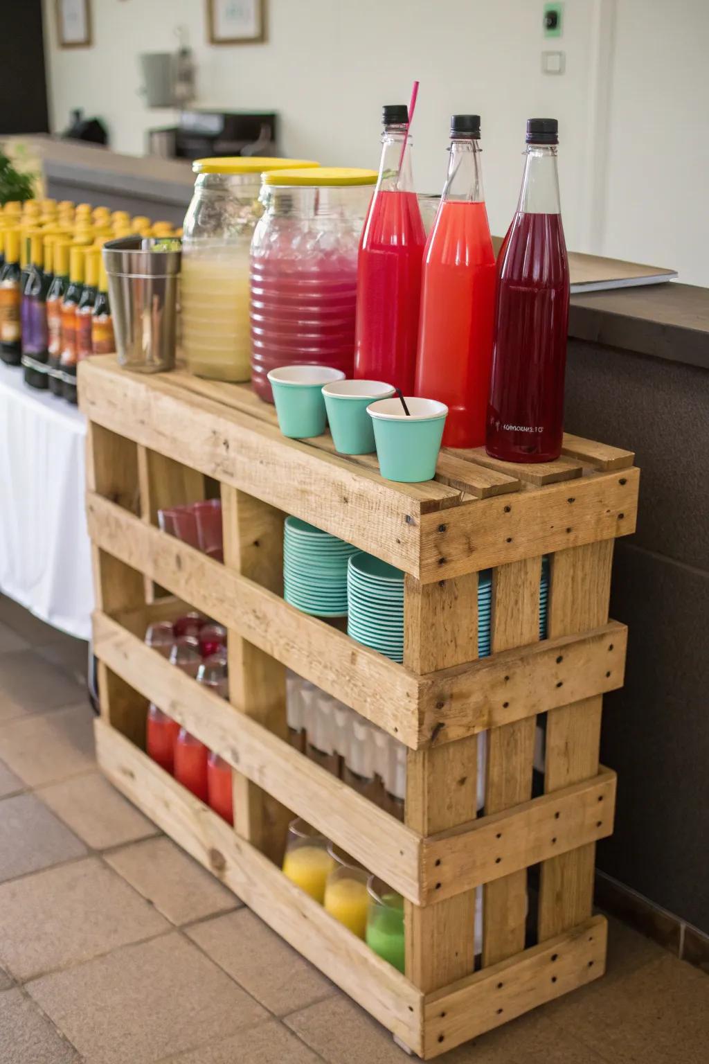 A timber pallet provides a budget-friendly drink station.