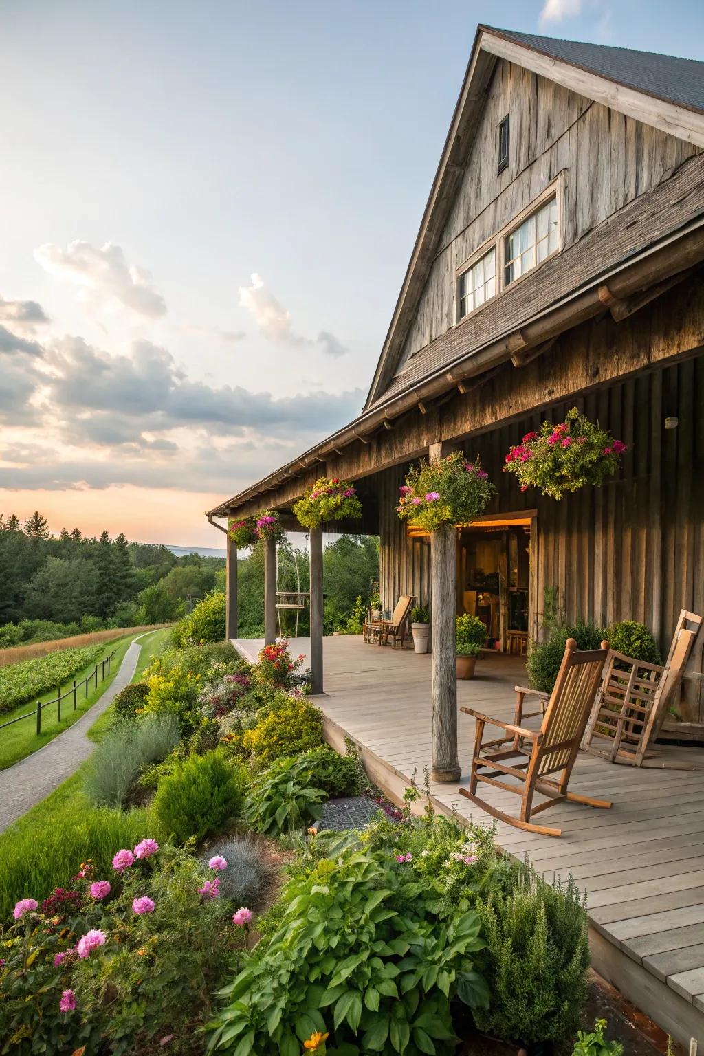 Outdoor living spaces enrich barn designs with an added layer of functionality.