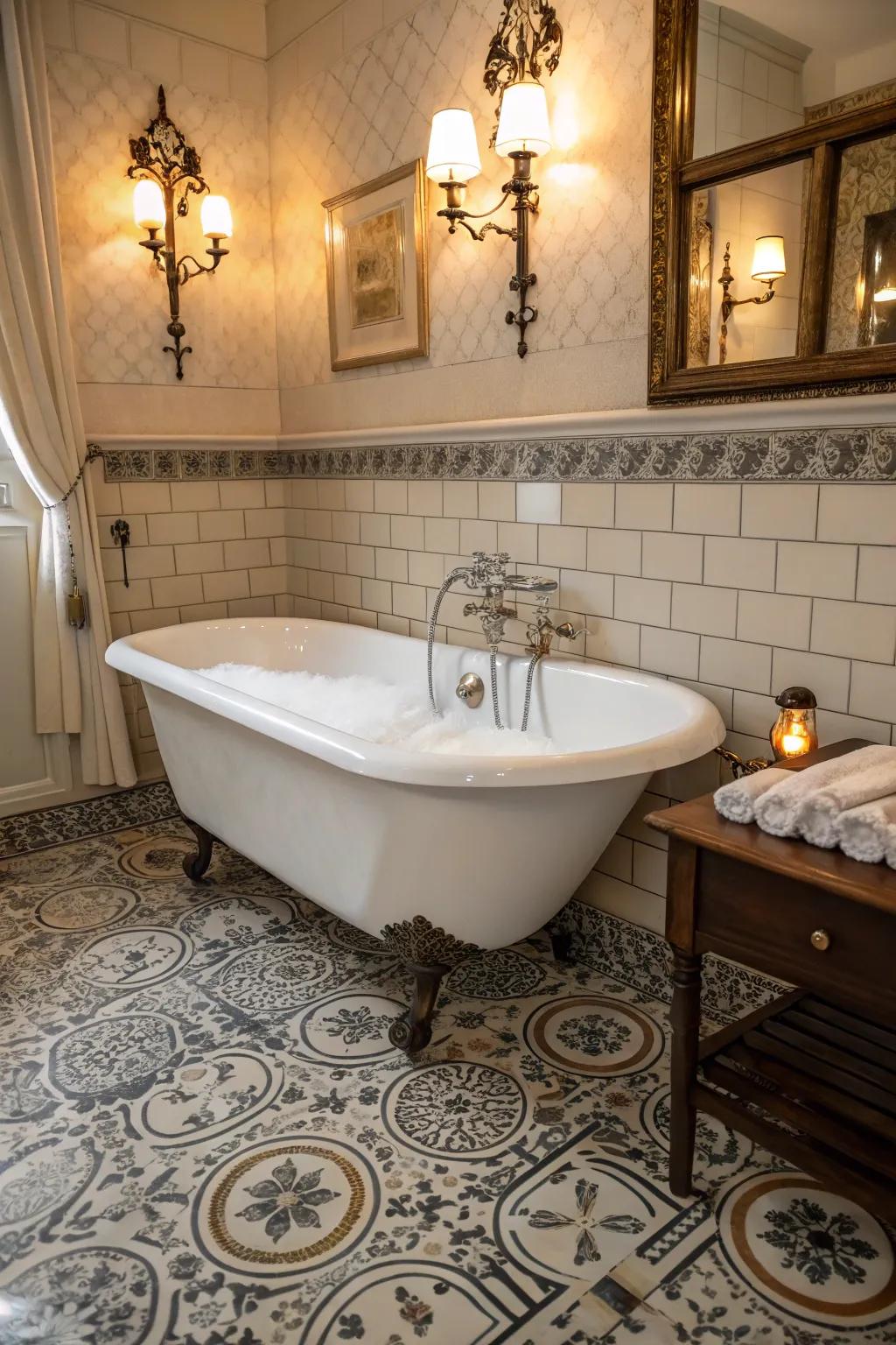 A timeless clawfoot tub that heightens the vintage allure.