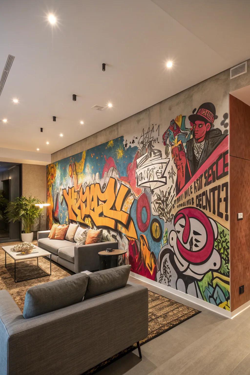 A graffiti-style wall brings an edgy, urban feel to your living space.