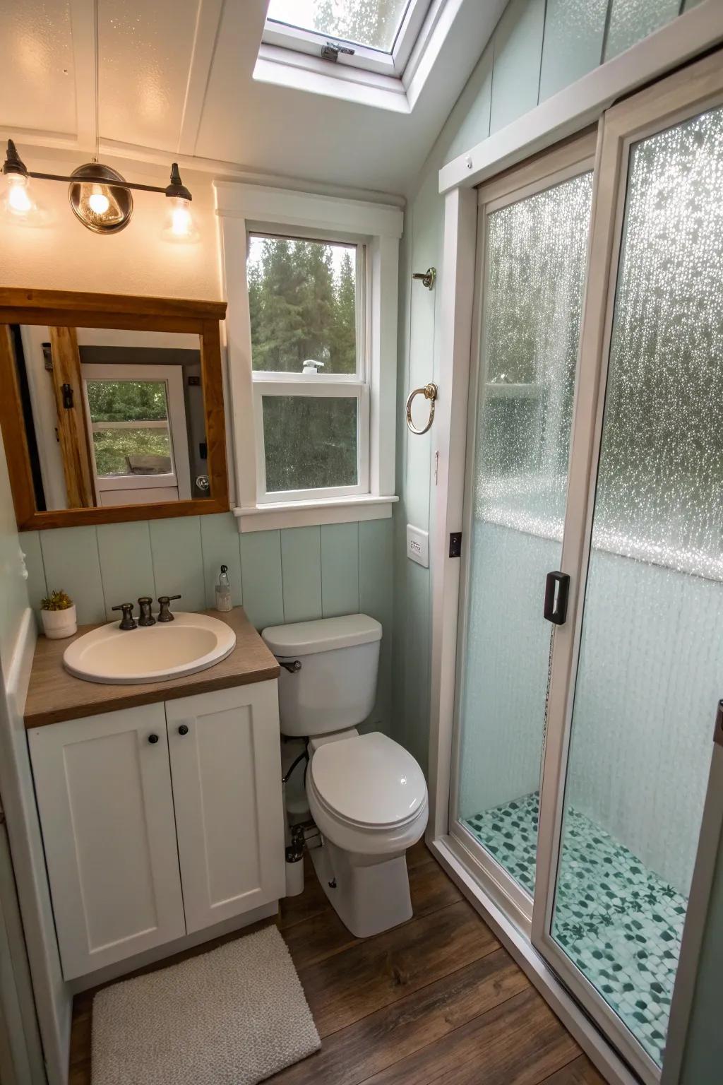 Textured glass preserves privacy without giving up illumination.