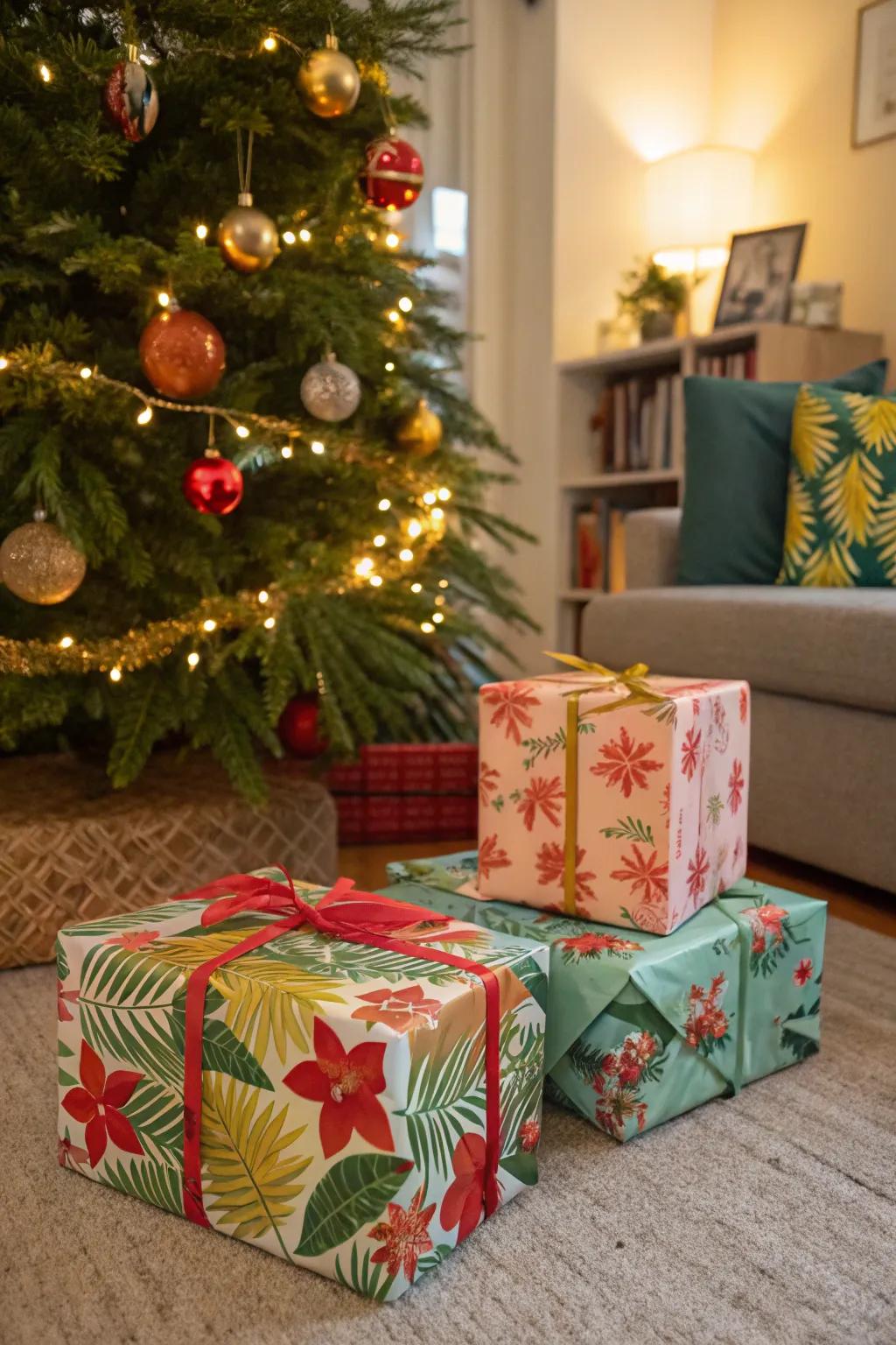 Gift wrapping that adds a tropical twist to your Christmas presents.