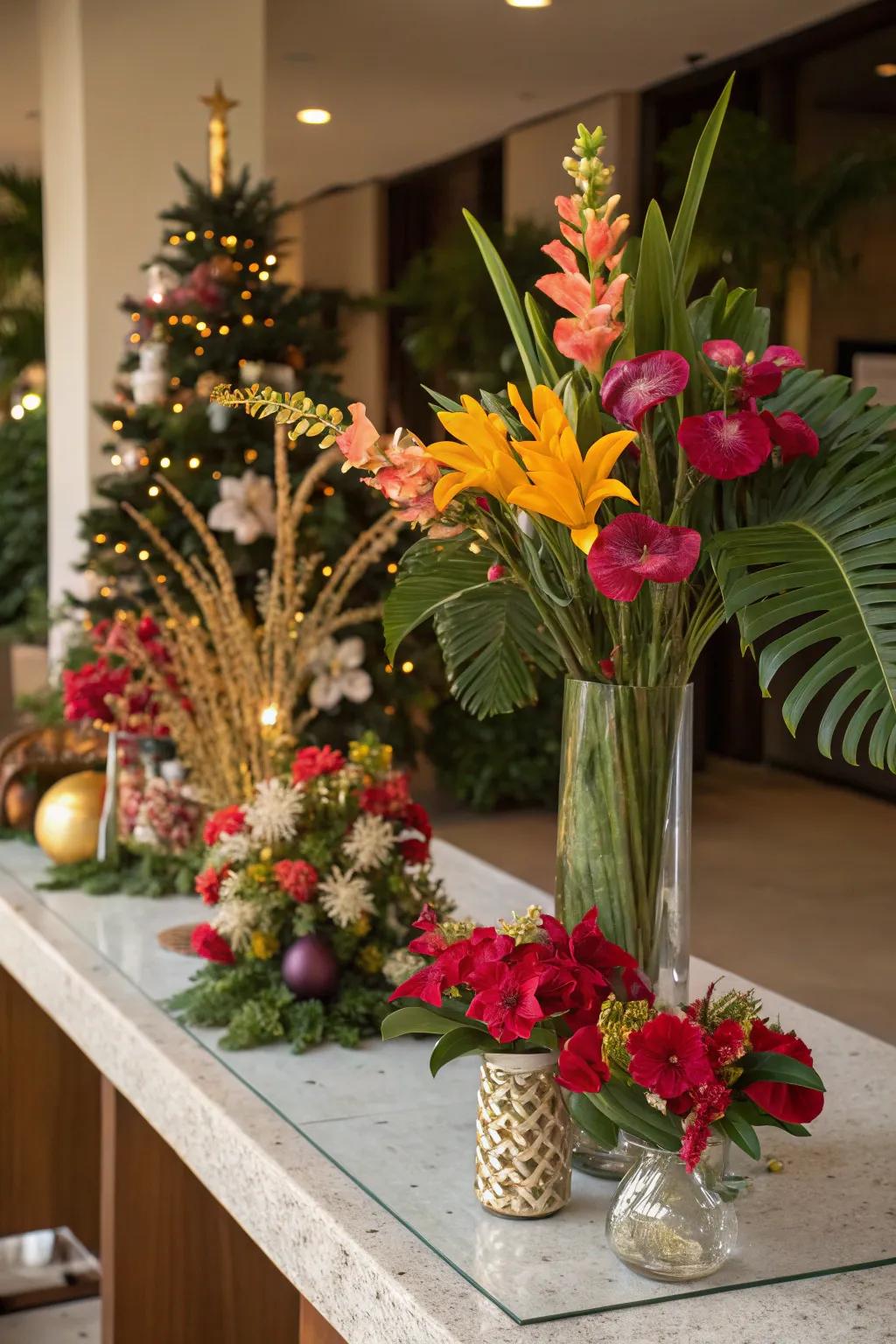 Tropical flowers bring life and color to your holiday decorations.