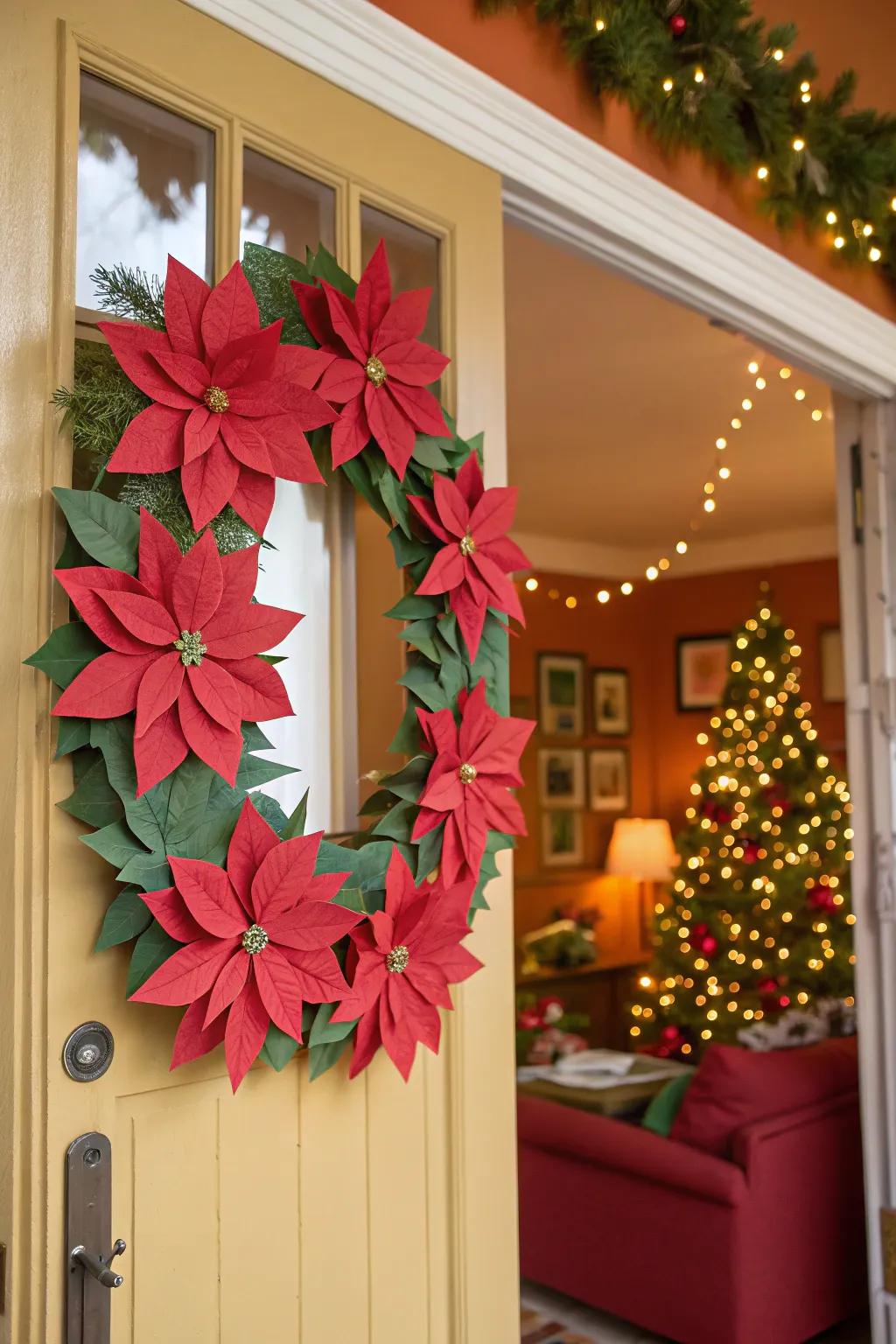A handmade wreath that blends traditional poinsettias with a personal touch.