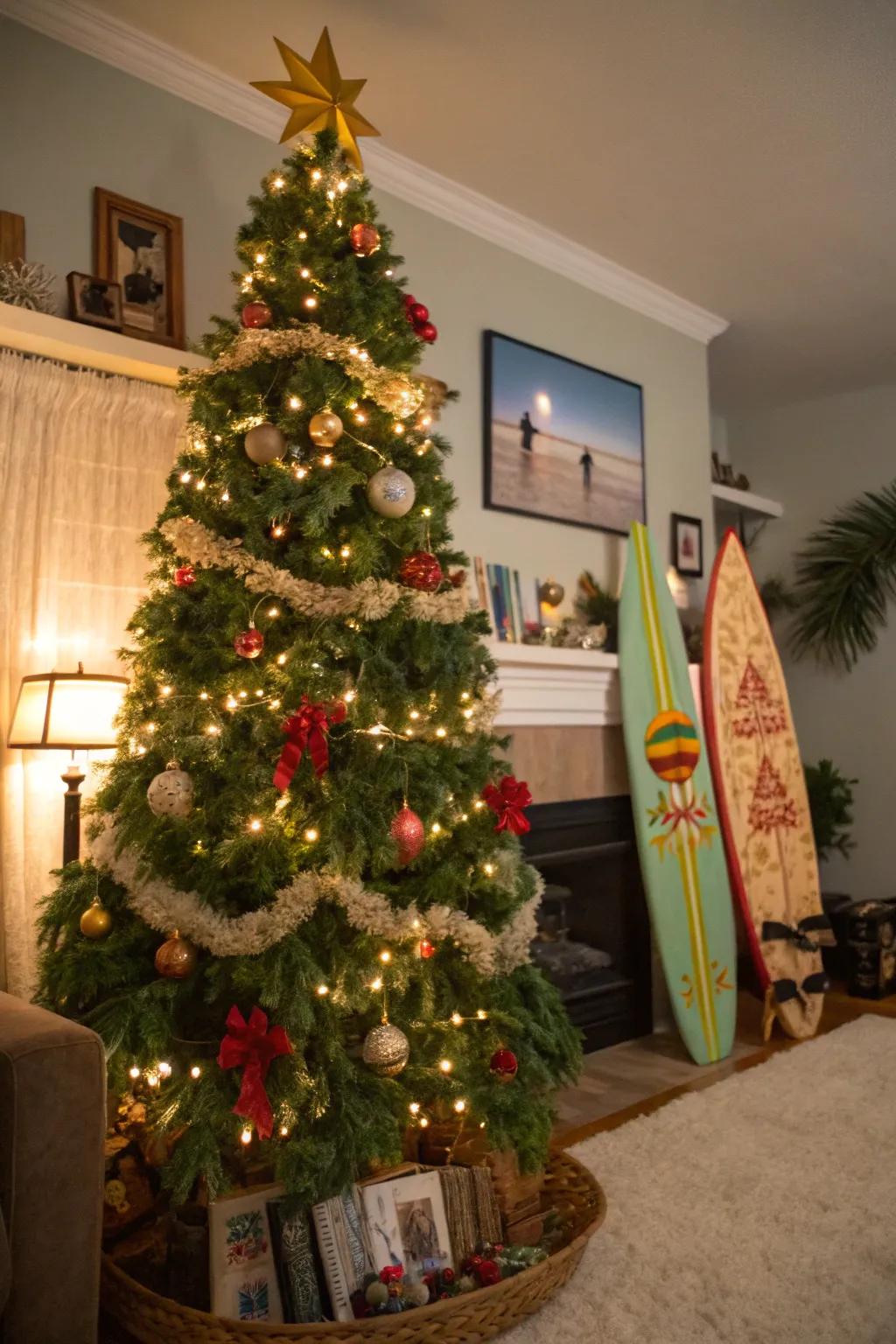 A Christmas tree radiating Hawaiian joy with themed ornaments.
