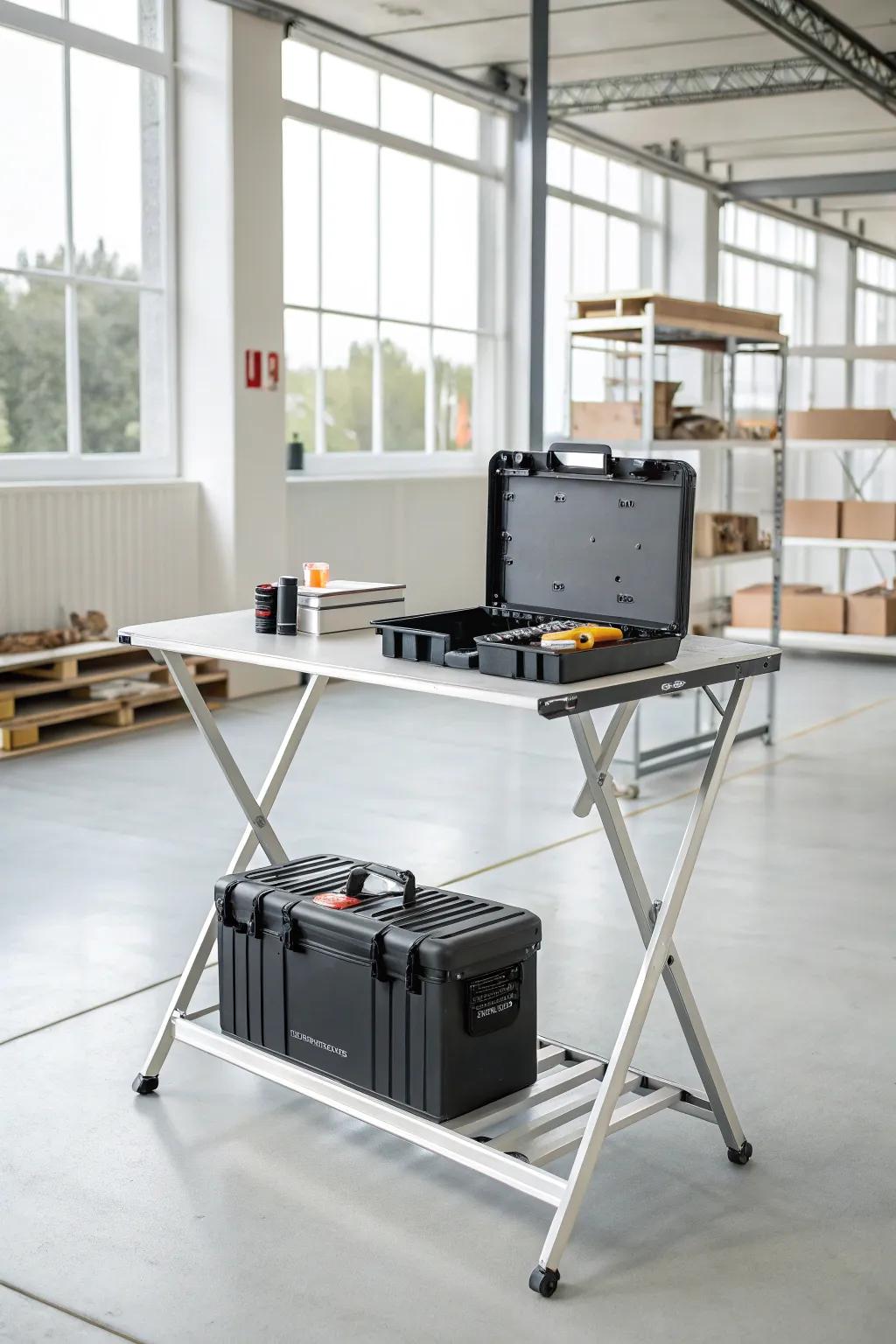 A foldable workbench provides flexibility and space-saving solutions.