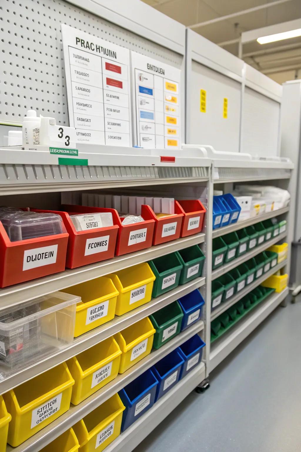 Color-coding makes sorting supplies a breeze.