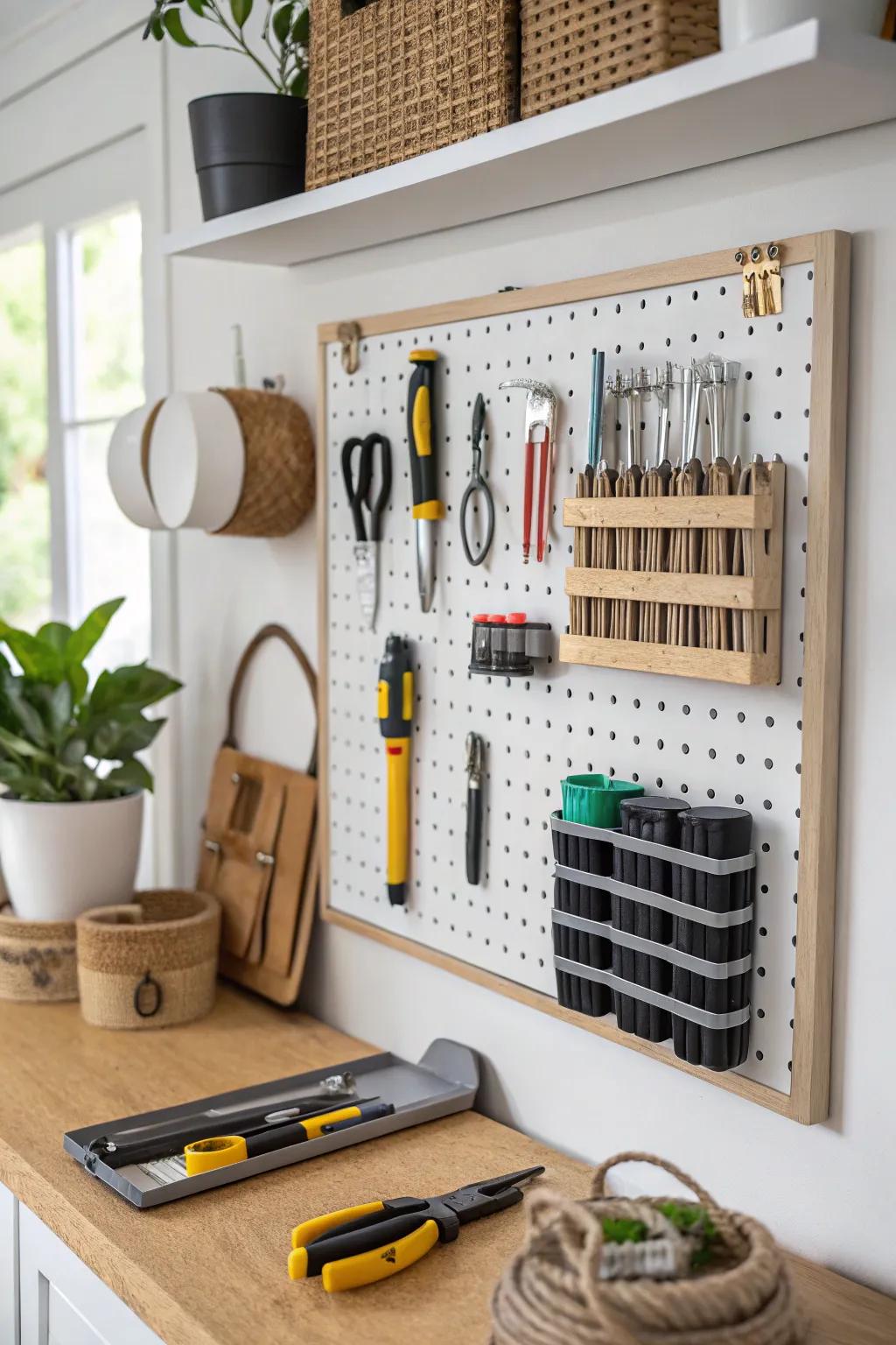 Magnetic strips keep tools organized and accessible.