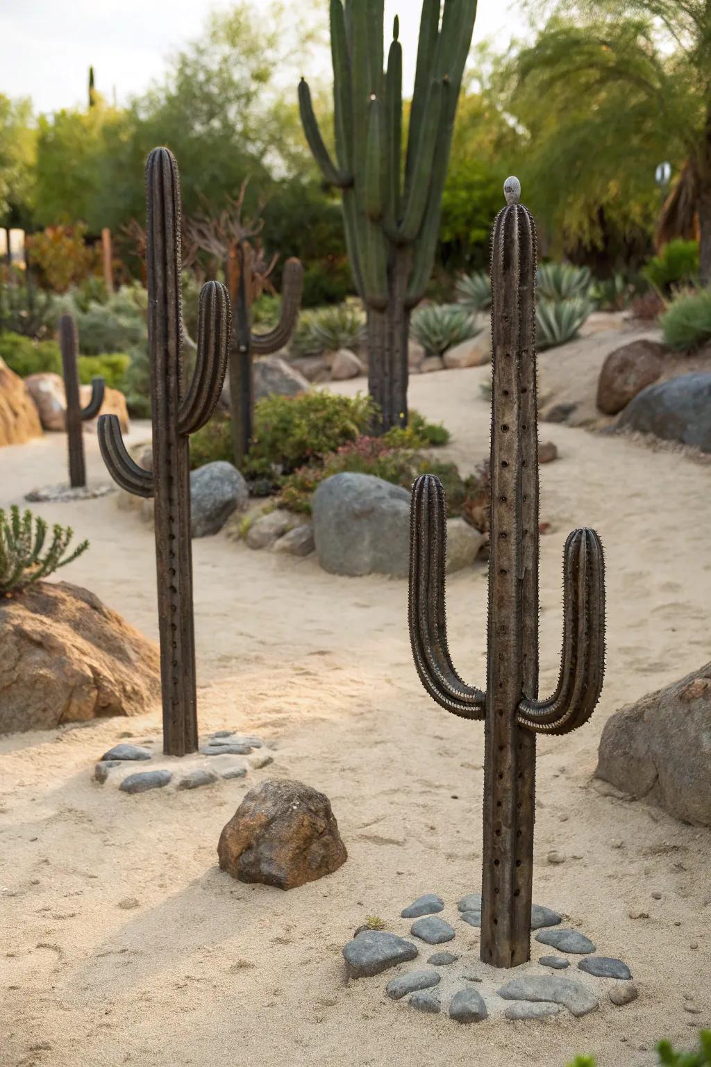 Metal cacti add a low-maintenance desert vibe.