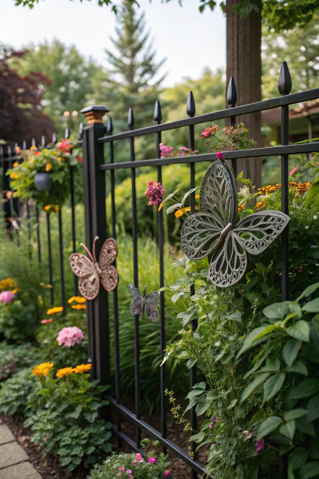 Suspended metal decorations add enchantment to garden walls.