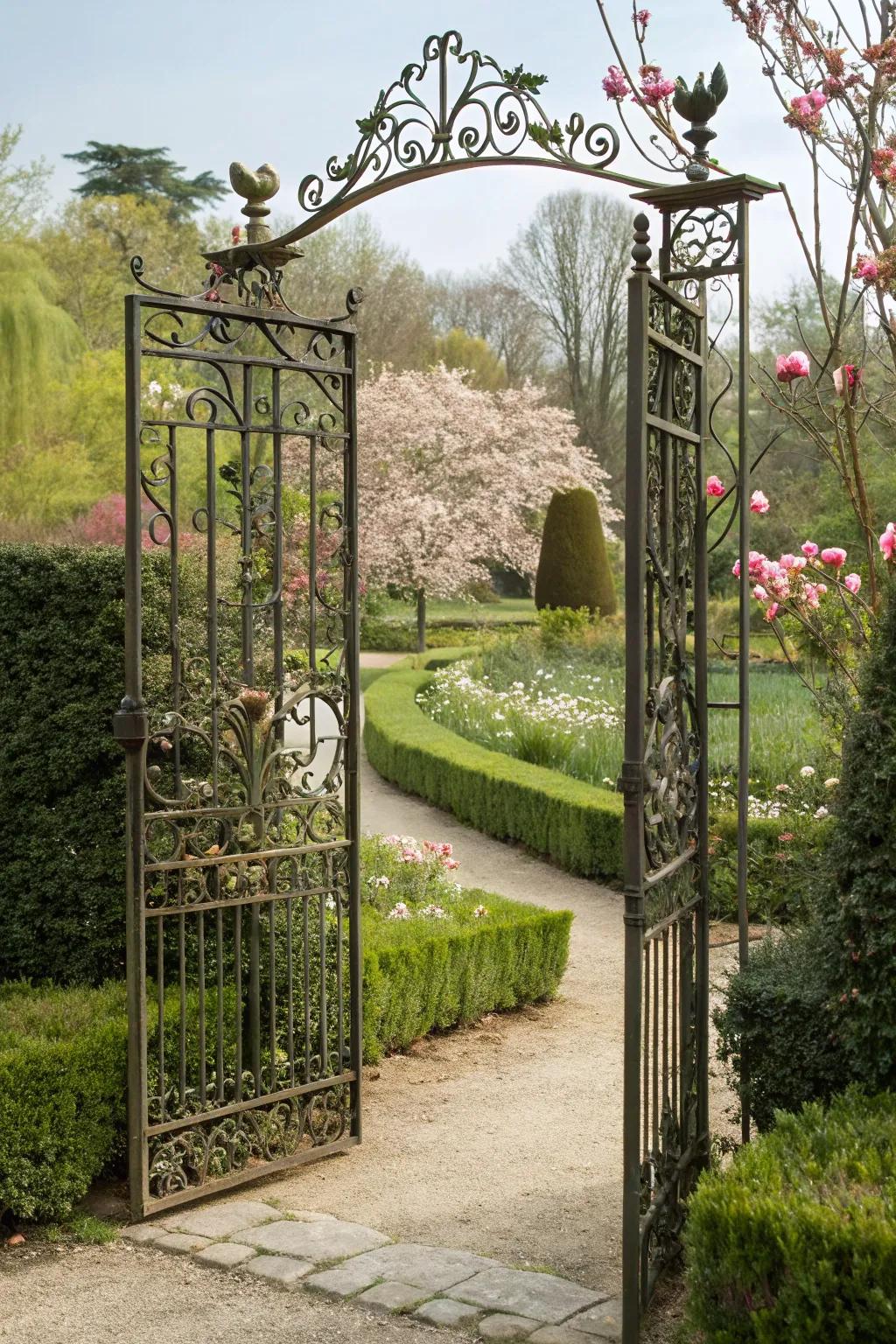 Metal gates create grand garden entrances.
