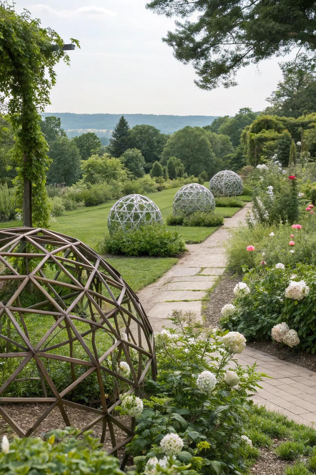 Geometric globes serve as an impressive focal point.