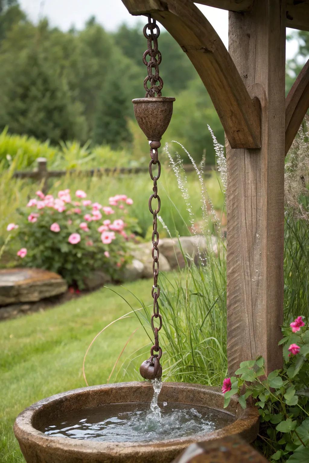 Rain chains transform rain into garden beauty.