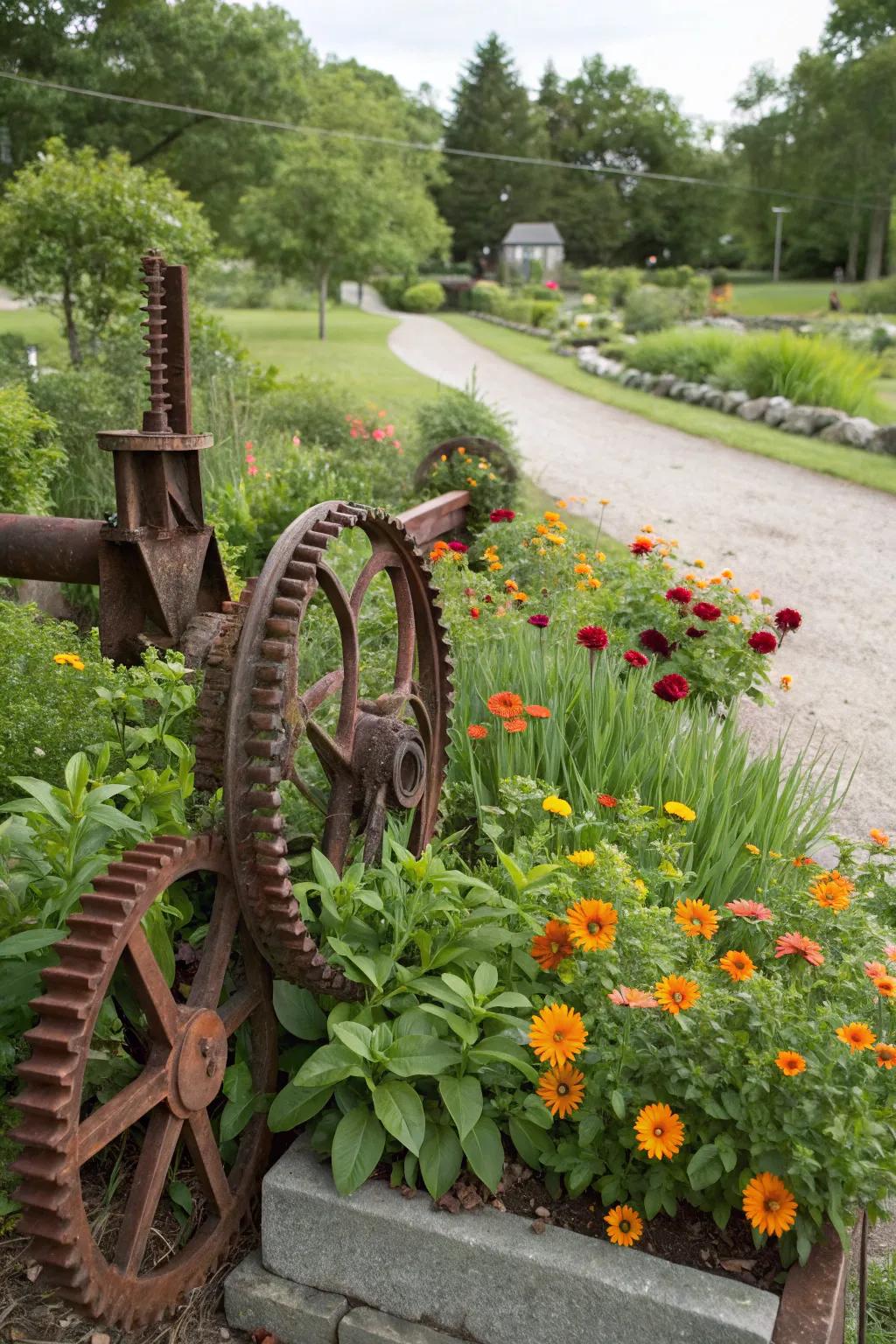 Weathered metal enhances your garden with vintage charm.