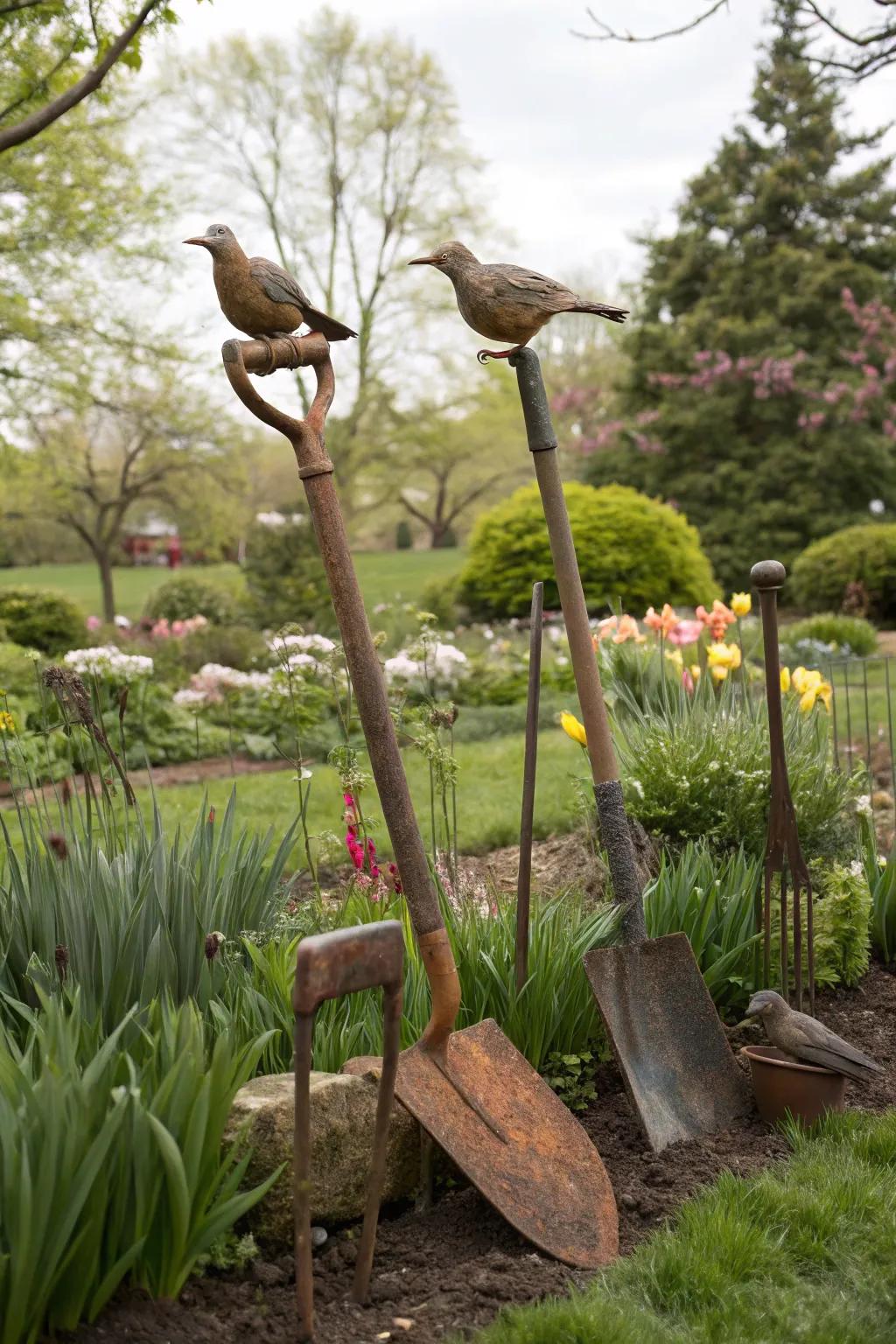 Repurpose old tools into unique garden art.