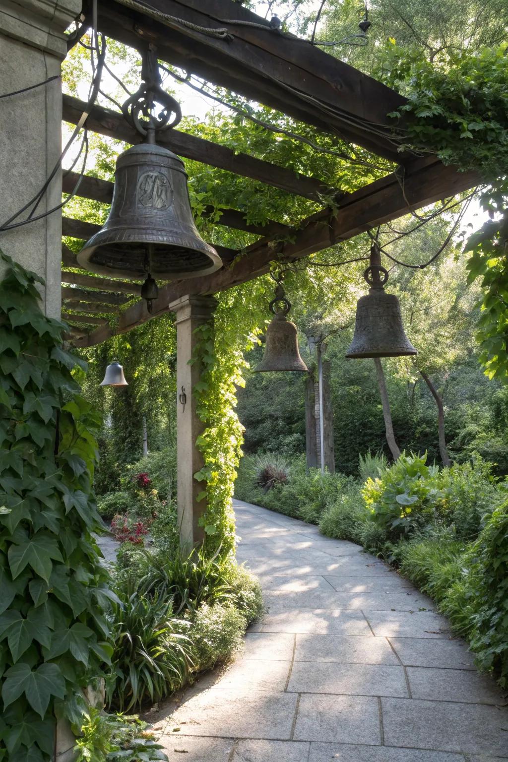 Garden bells add a soothing auditory element.