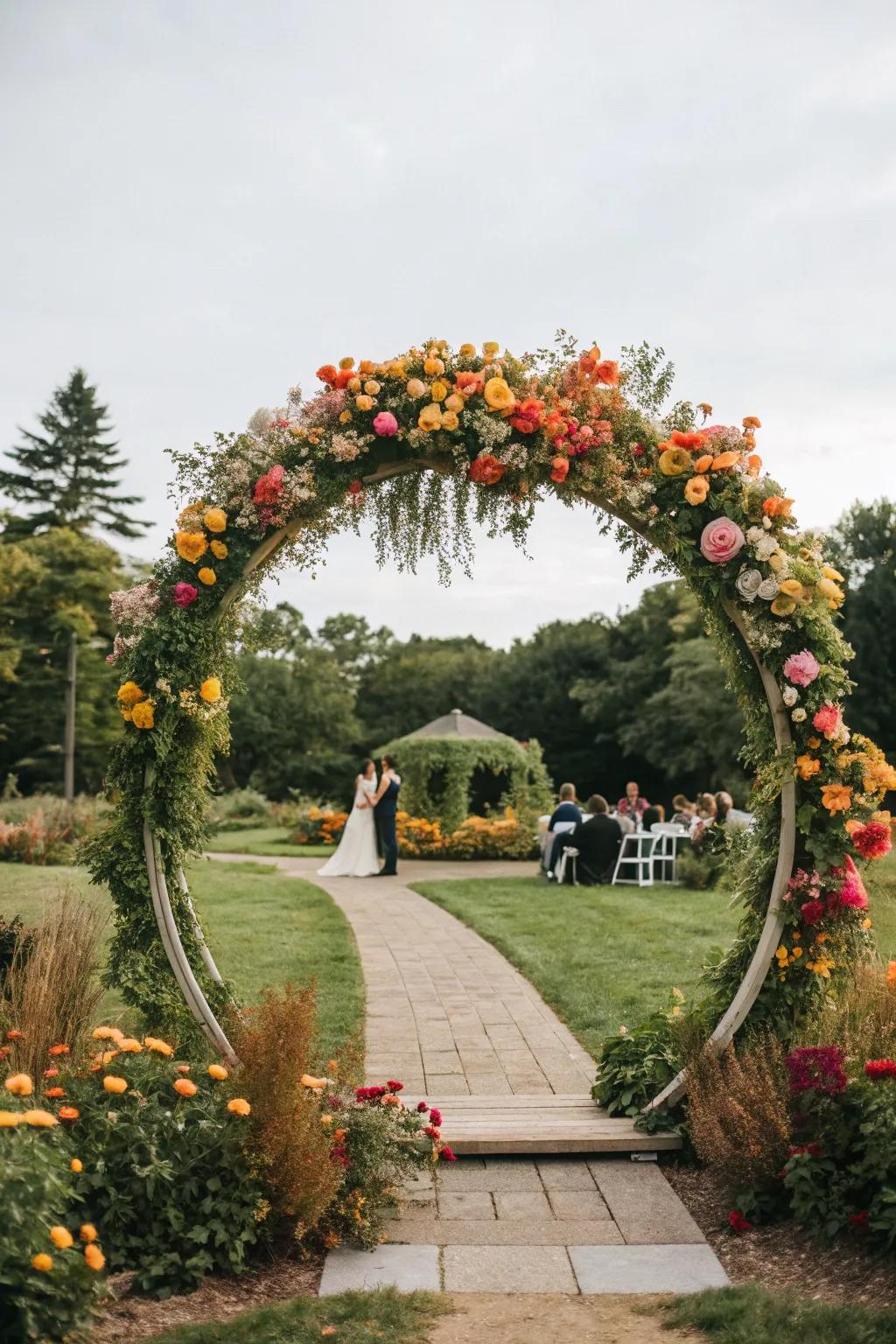 A vibrant circle arch bursting with colorful blooms.