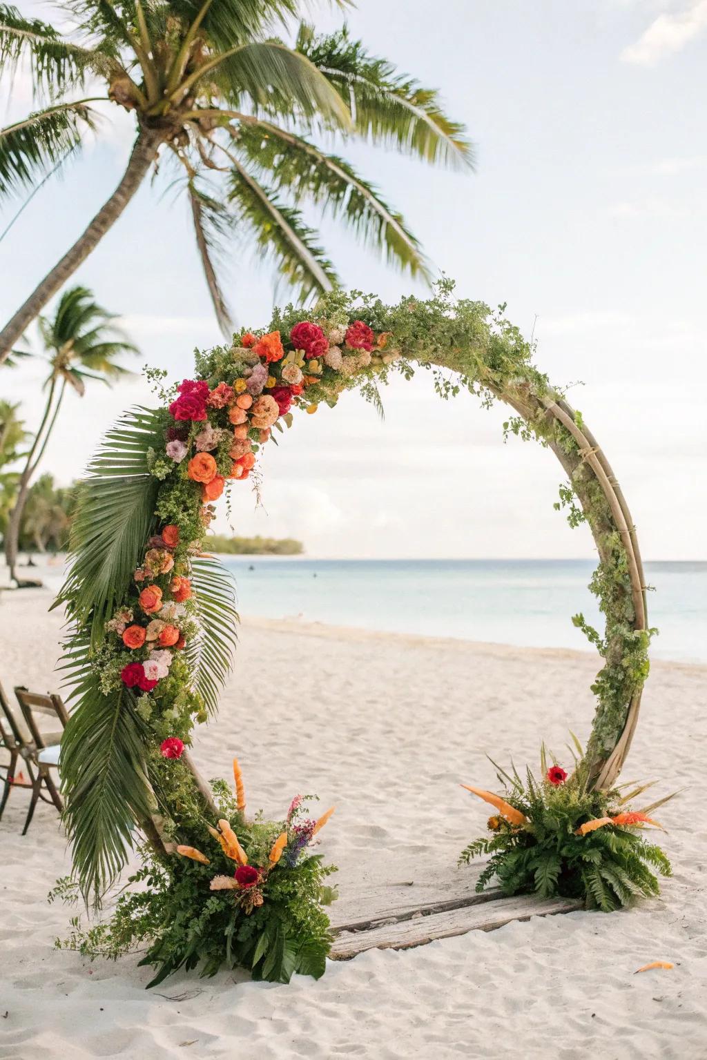 A tropical circle arch with palm leaves and vibrant accents.