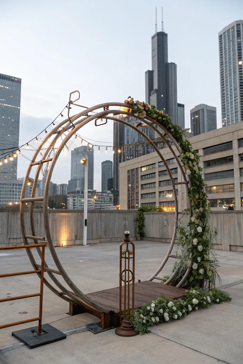 An industrial circle arch with a modern metal design.