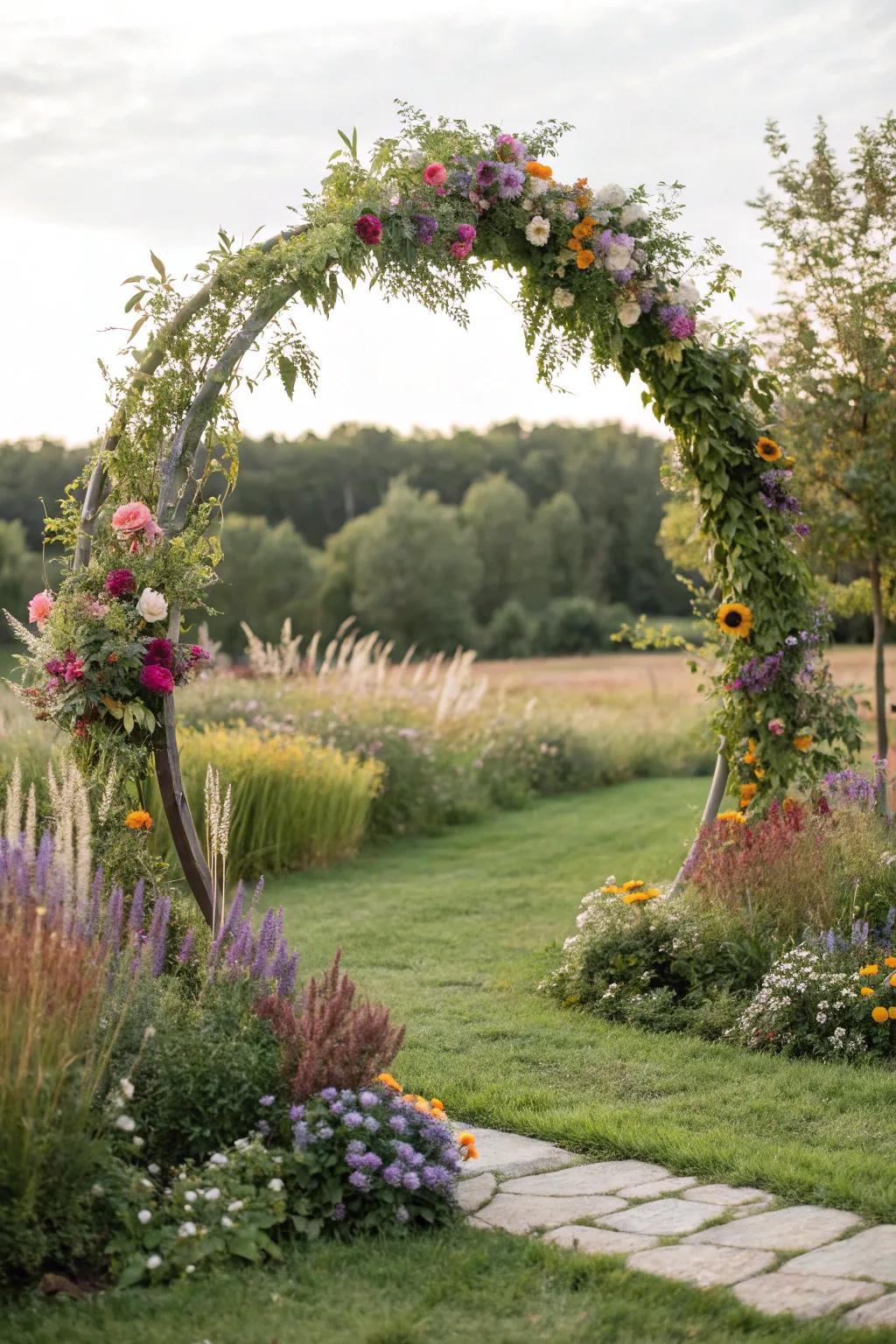 A garden-fresh circle arch with wildflowers and herbs.