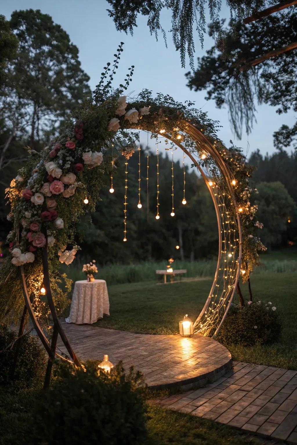 A whimsical circle arch illuminated by fairy lights.